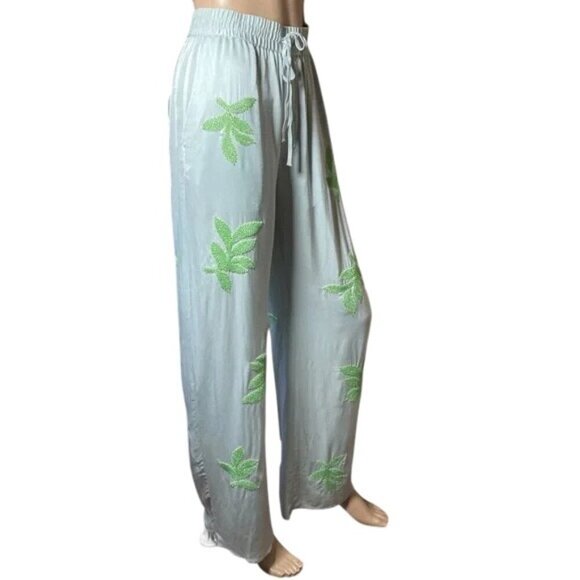 Zara Blue Satin Leaf Beaded Drawstring Waistband Wide Leg Pants - Picture 3 of 8
